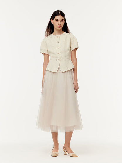 Tweed Sequins Short Sleeve Jacket And Mesh Skirt Two-Piece Set