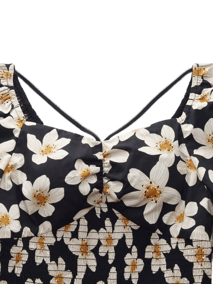 Cotton Stretch Floral Print Women Smocked Top