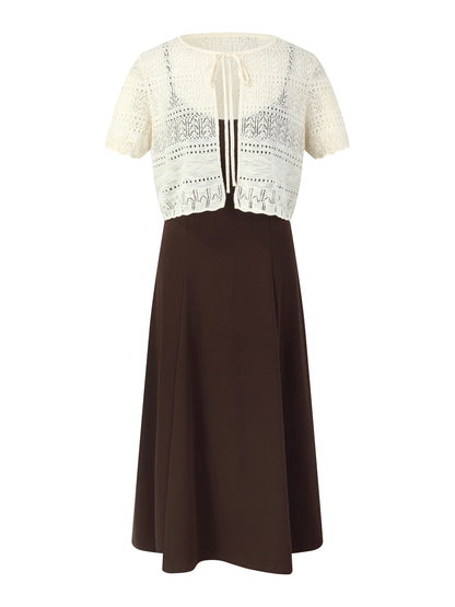Tie Front Openwork Cardigan And Knit Strap Dress Two-Piece Set
