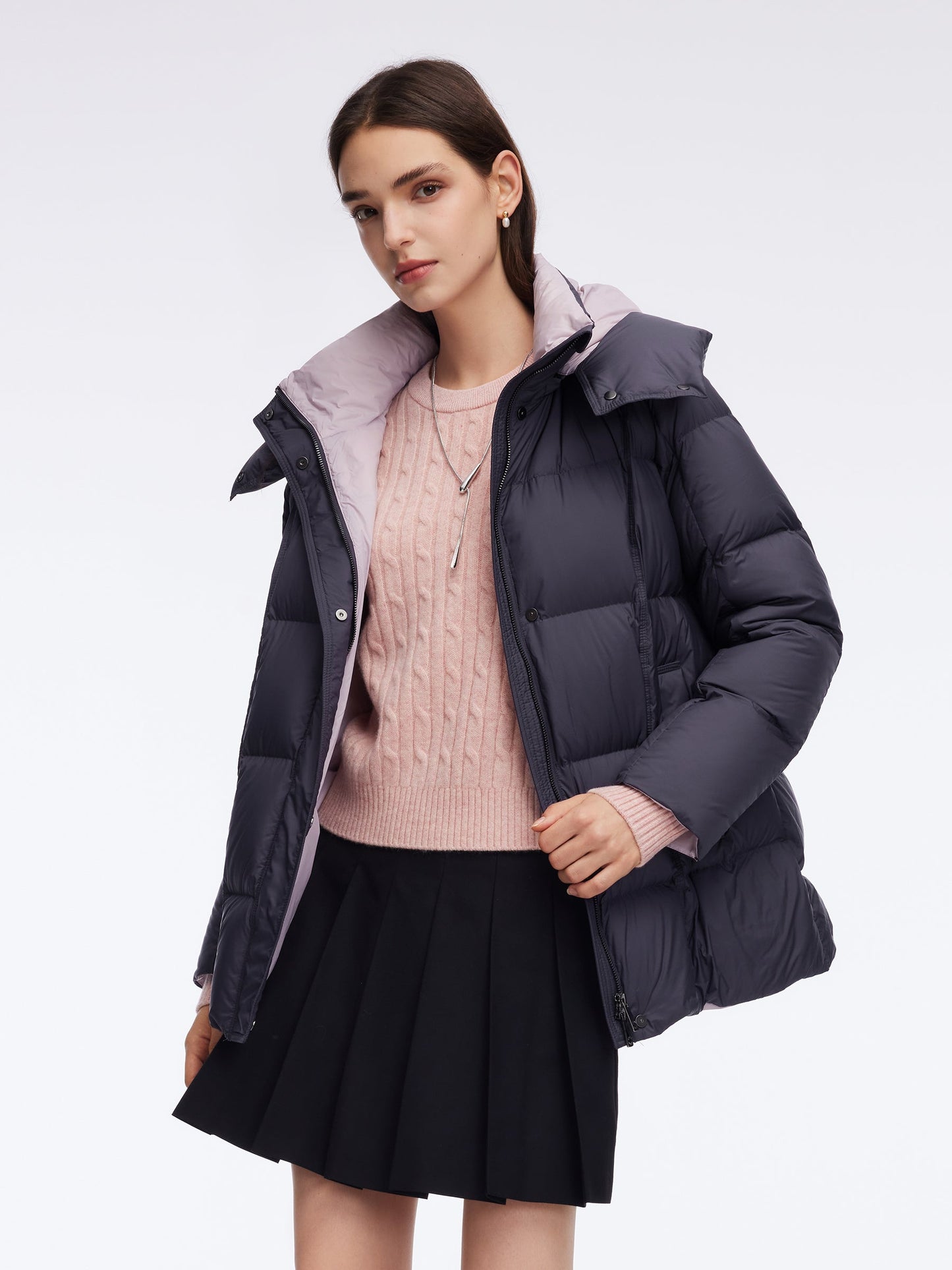 Color Block Goose Down Jacket With Detachable Hood