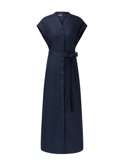 100% Linen V-Neck Women Self-Tie Belt Maxi Dress With Skirt Lining
