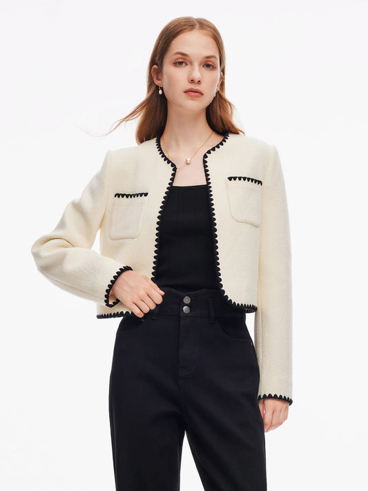 100% Wool Contrast Trim Women Crop Jacket