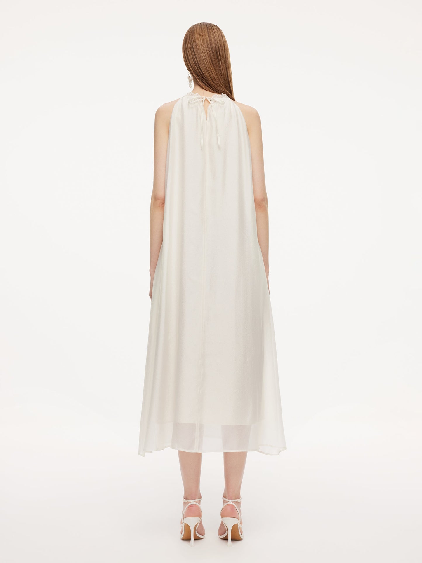 Ruffle Neckline Women Halter Maxi Dress With Floral Ribbon