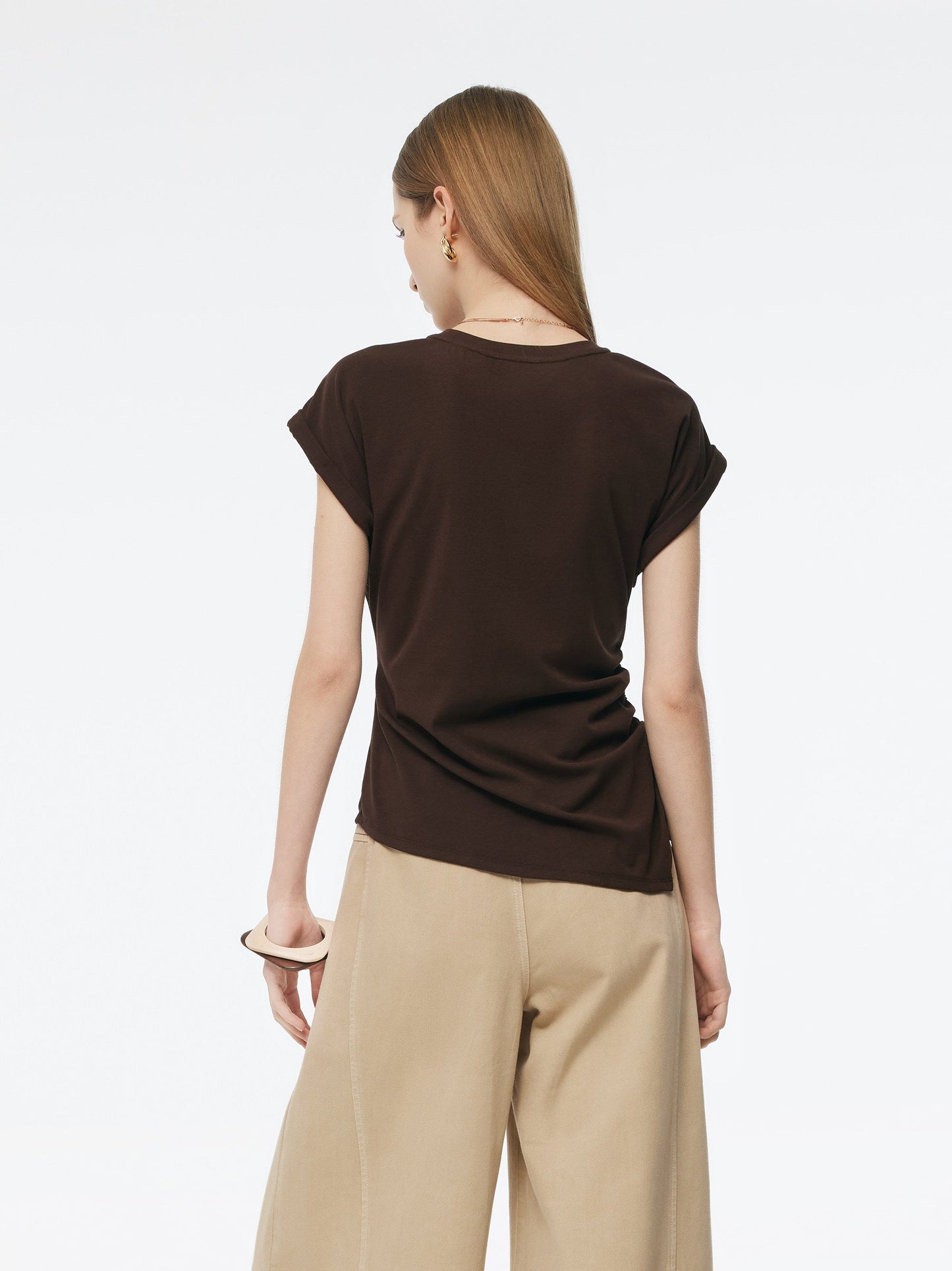 Stretch Asymmetric Hem Women Drawstring Cap Sleeve Knit Top