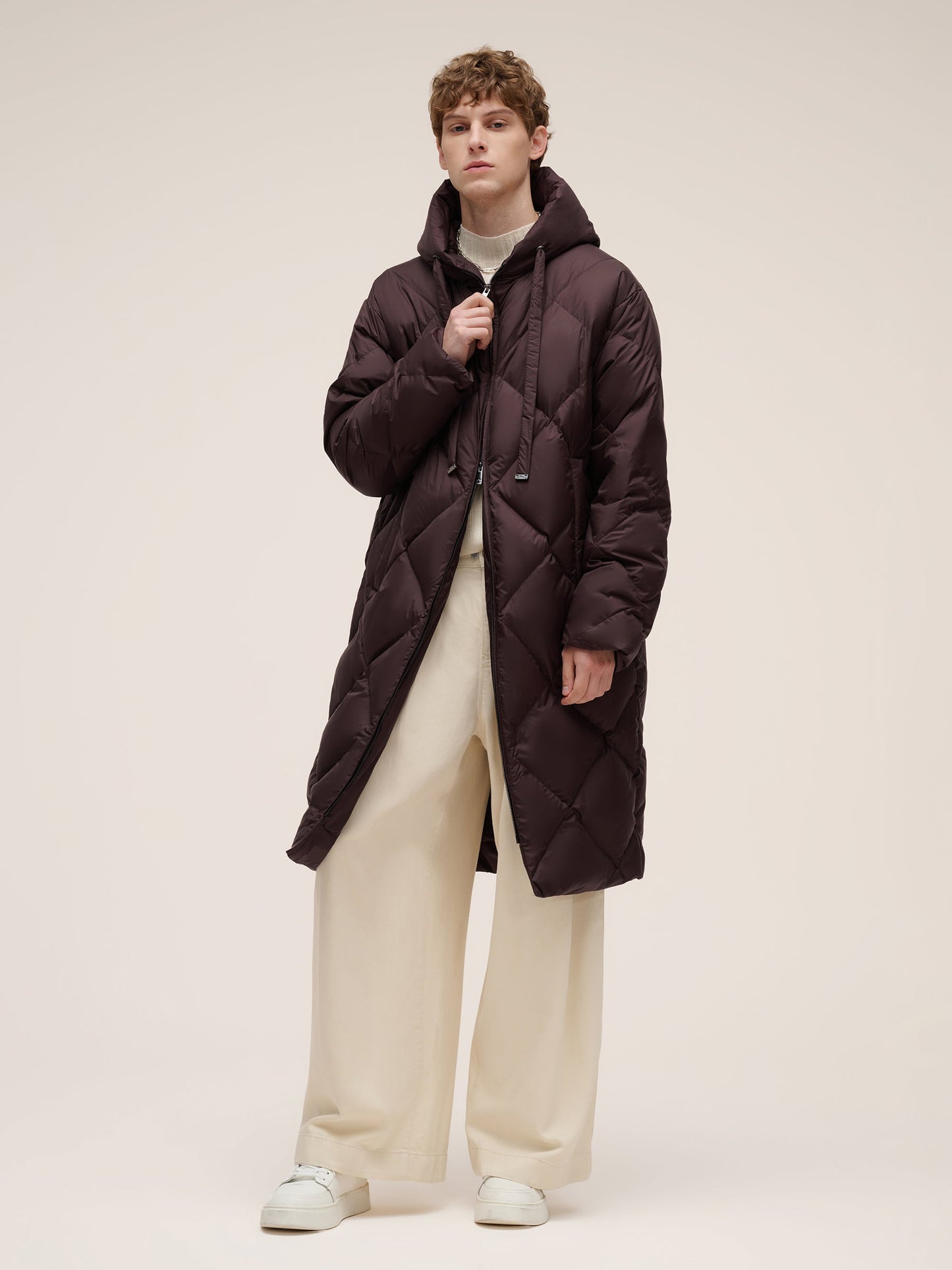 Diamond Quilted Hooded Unisex Long Goose Down Coat