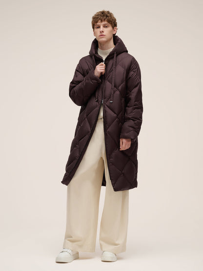 Diamond Quilted Hooded Unisex Long Goose Down Coat