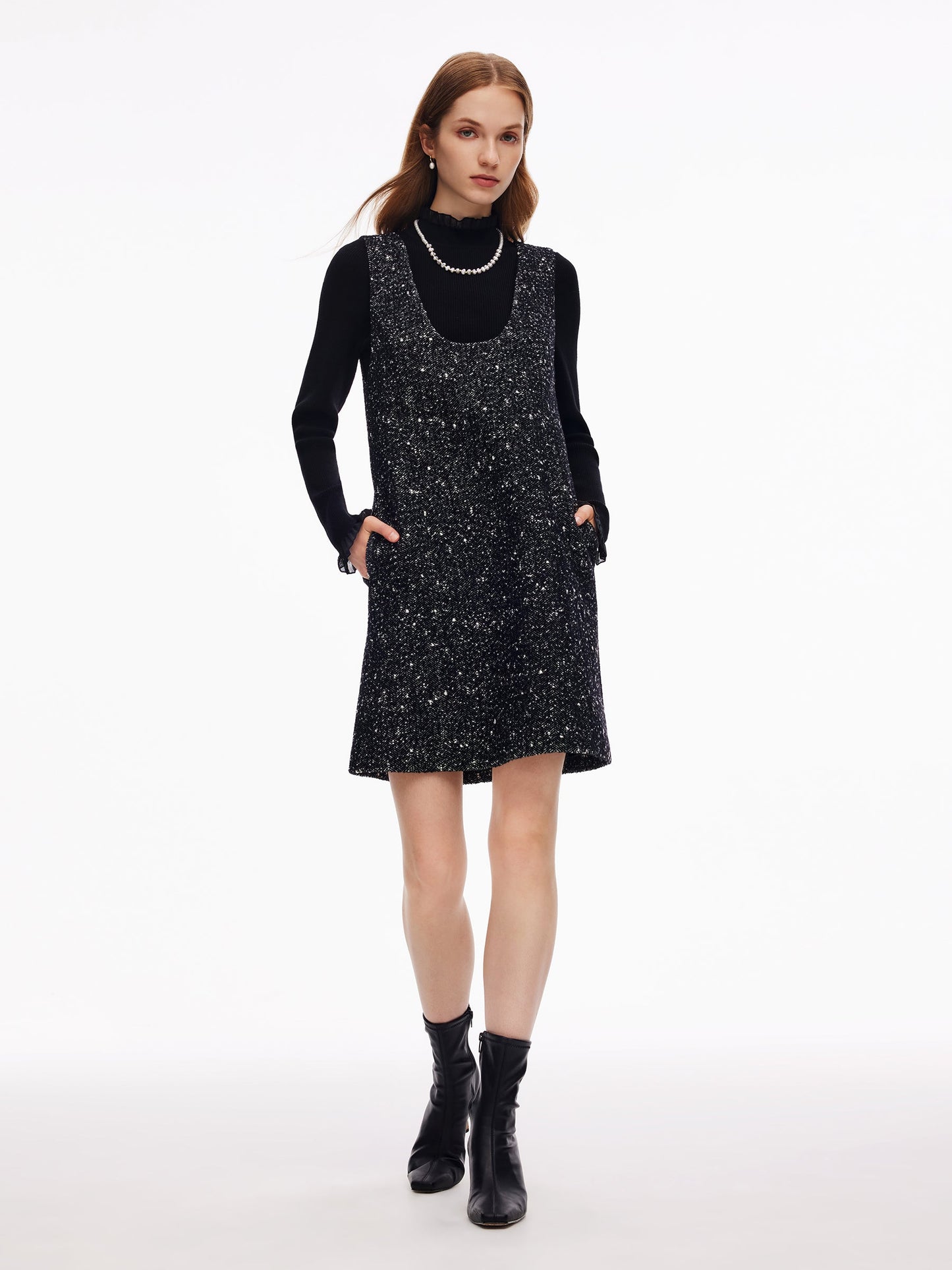Wool Blend Sleeveless Mini Dress And Mock Neck Knit Top Two-Piece Set