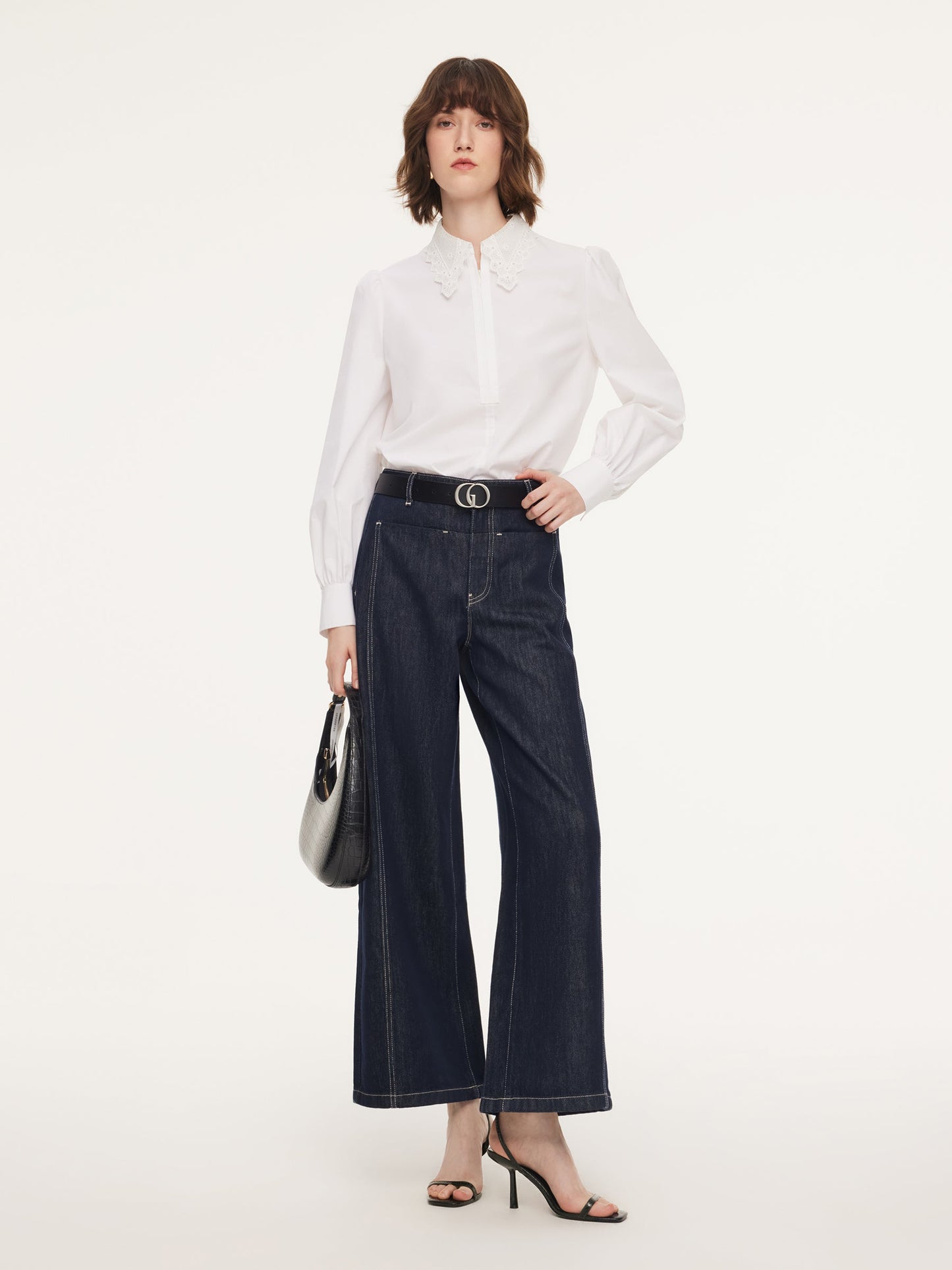 Lyocell Blend Denim Paneled Seam Women Wide Leg Jeans With Belt