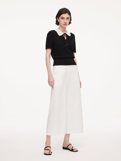 Tencel Blend Color Block Tie Front Women Openwork Knit Top