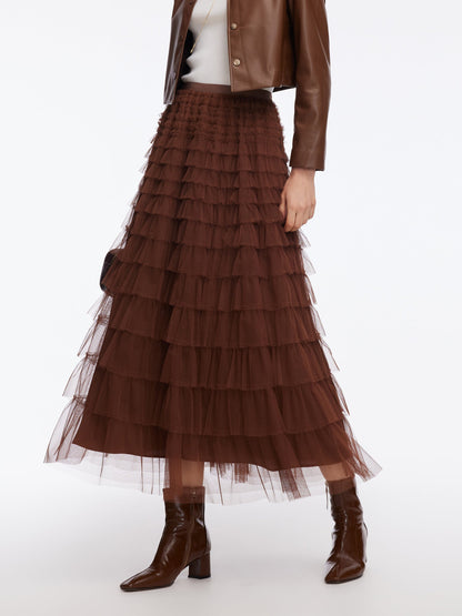 A-Line Mesh Ruffle Tiered Women Skirt