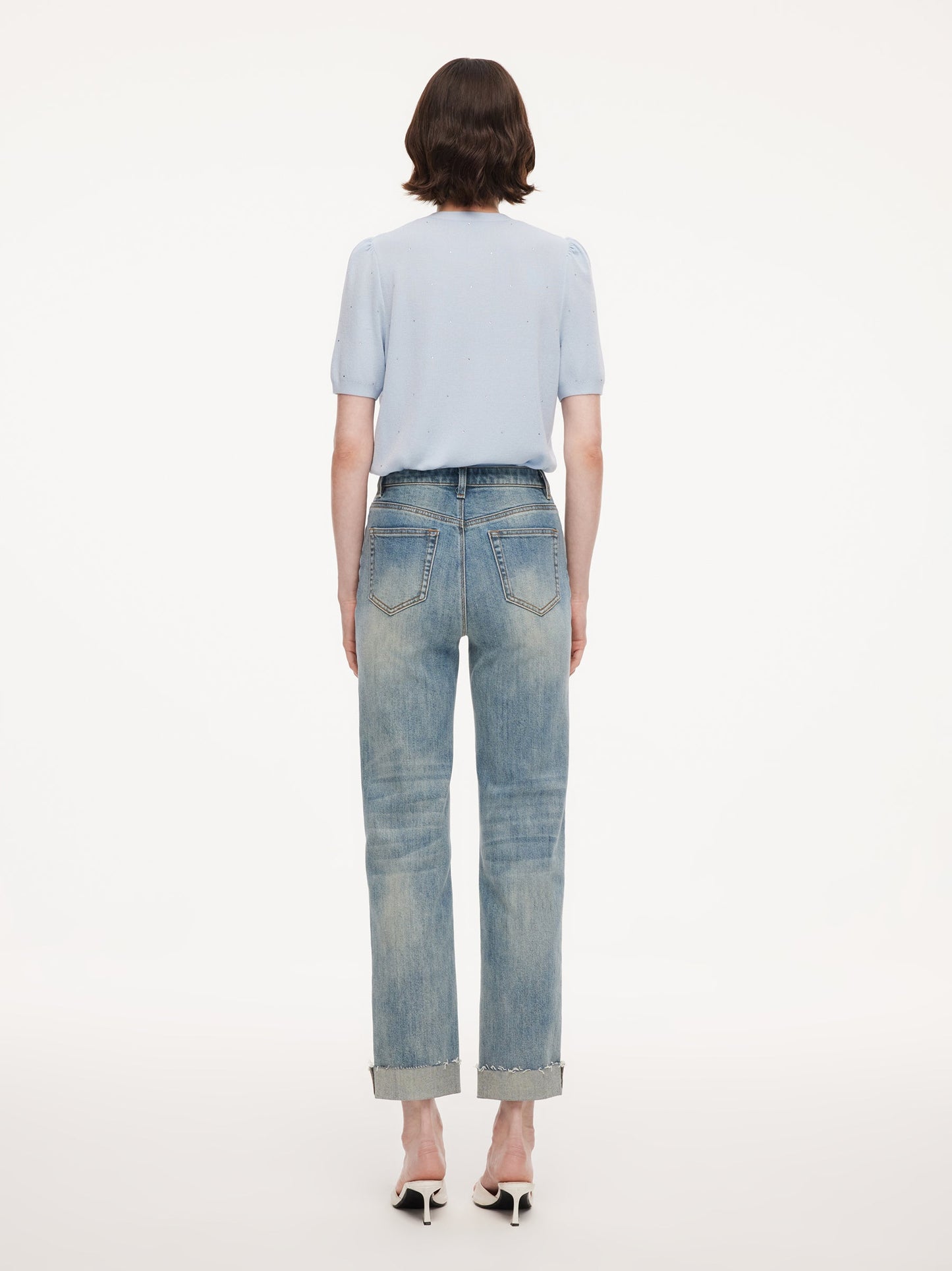 Cotton Denim Adjustable Waist Women Straight Leg Folded Jeans