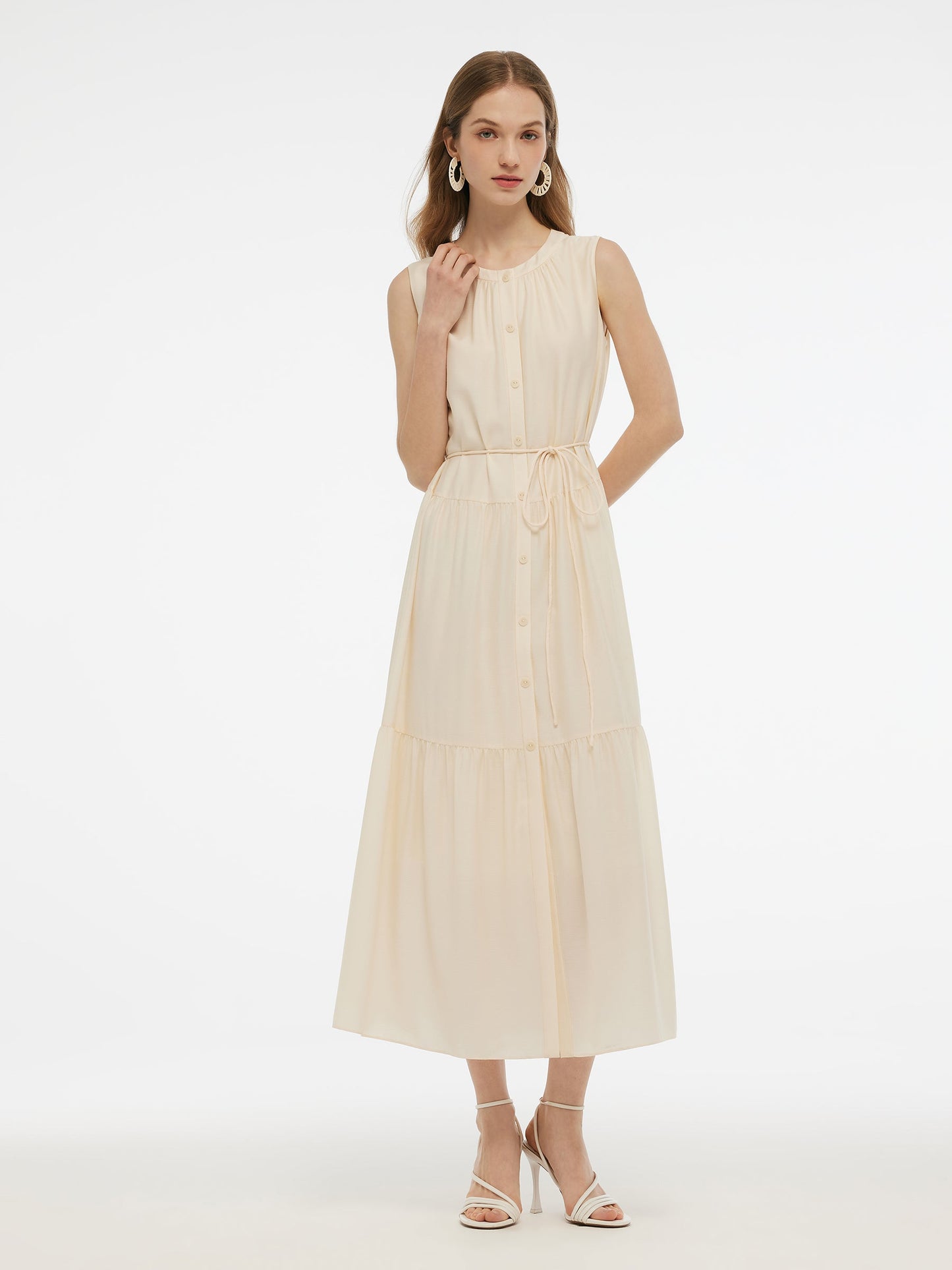 Acetate Blend Loose Fit Women A-Line Maxi Vest Dress With Belt