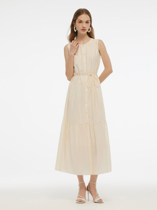 Acetate Blend Loose Fit Women A-Line Maxi Vest Dress With Belt