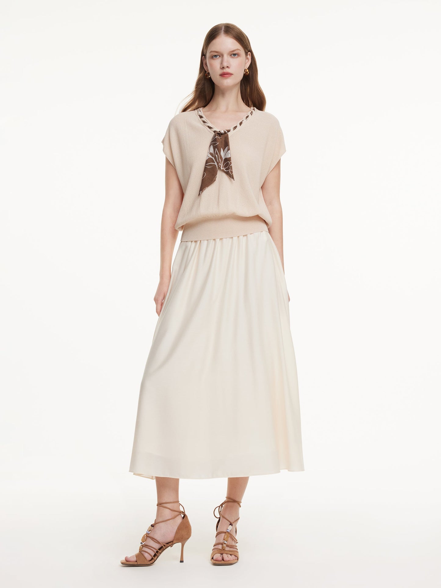 Pre-Order Silky Scarf Neck Knit Top And Acetate Blend Skirt Two-Piece Set