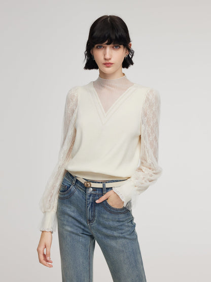 Tencel Wool Blend Lace Patchwork Women Knit Top