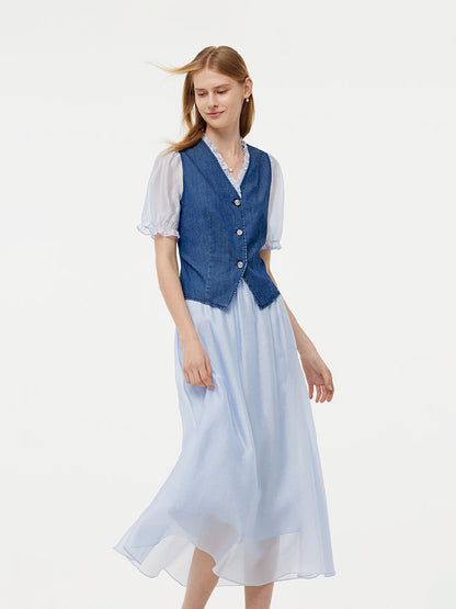 Denim Lyocell Patchwork Crop Jacket And Skirt Two-Piece Set