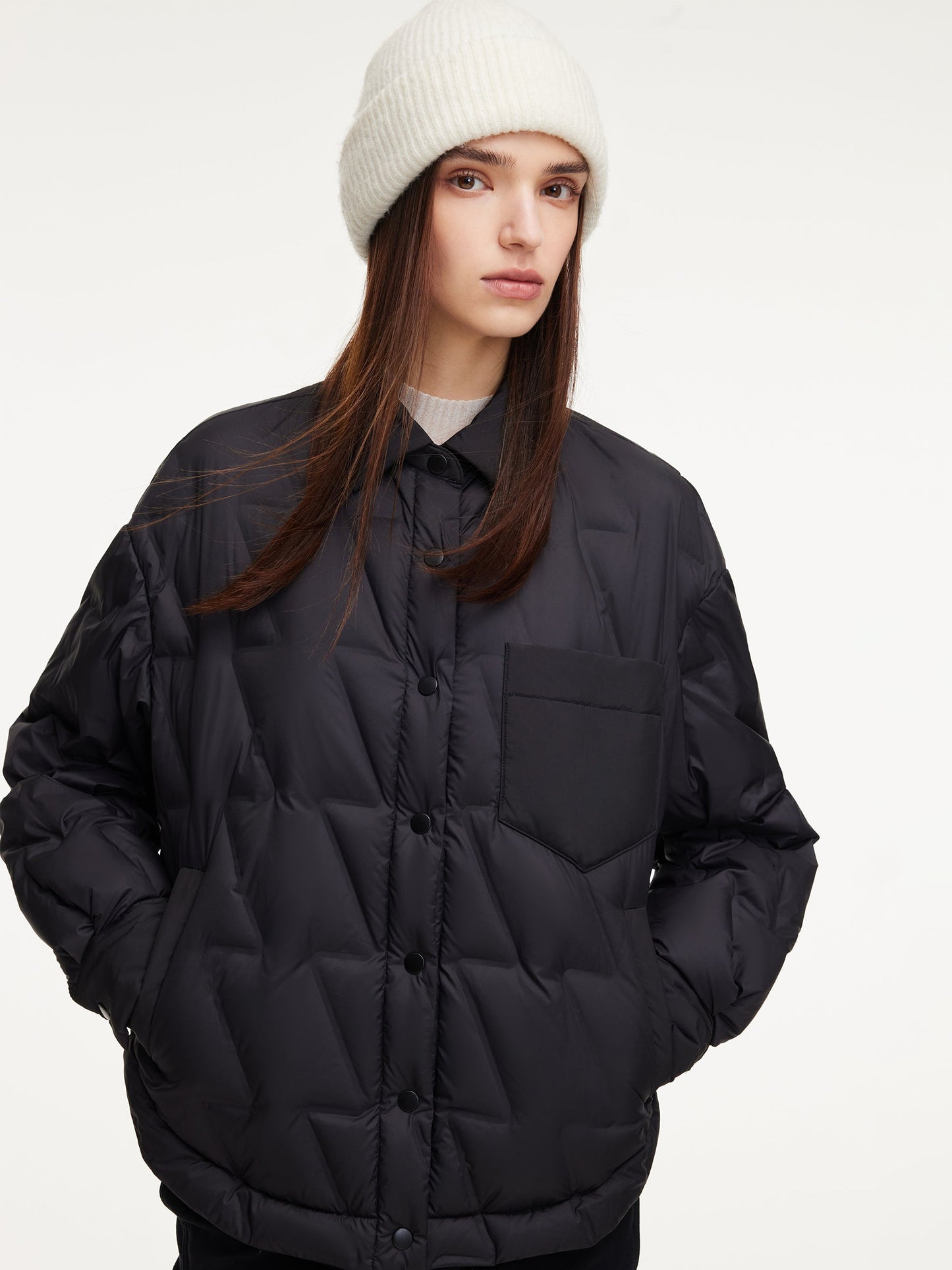 Drawstring Hem Shirt Collar Goose Down Jacket