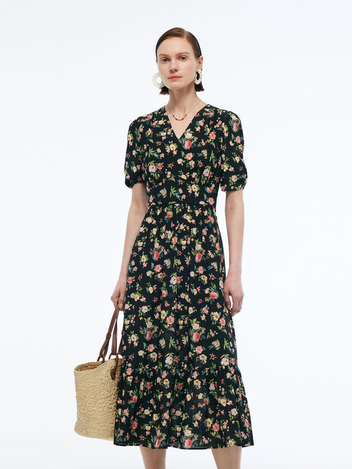 16MM Mulberry Silk Floral Print Women Puff Sleeve Maxi Dress