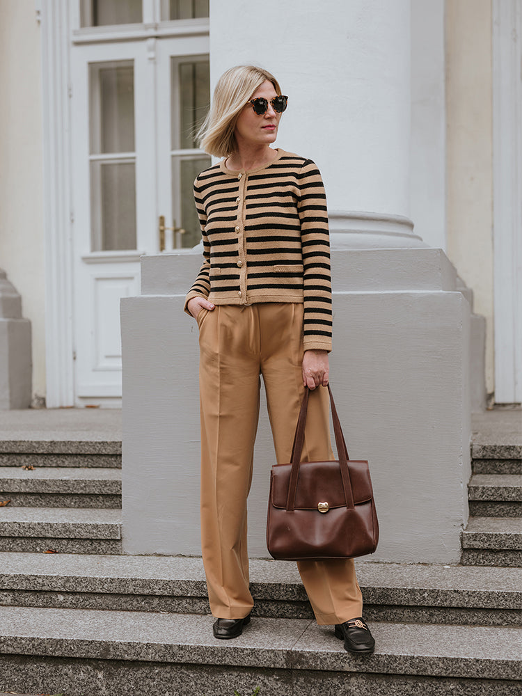 Button Up Woolen Striped Lady Cardigan