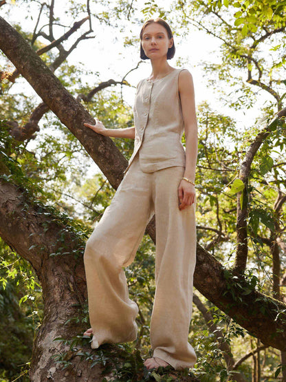 100% Linen Vest And Pants Two-Piece Set