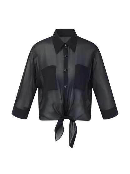 10MM Mulberry Silk Tie Front Women Sheer Shirt