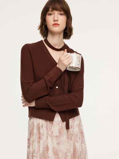 Tencel Wool Blend V-Neck Women Cardigan With Detachable Ribbon