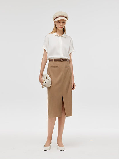 Basic Straight Slit Women Skirt With Belt