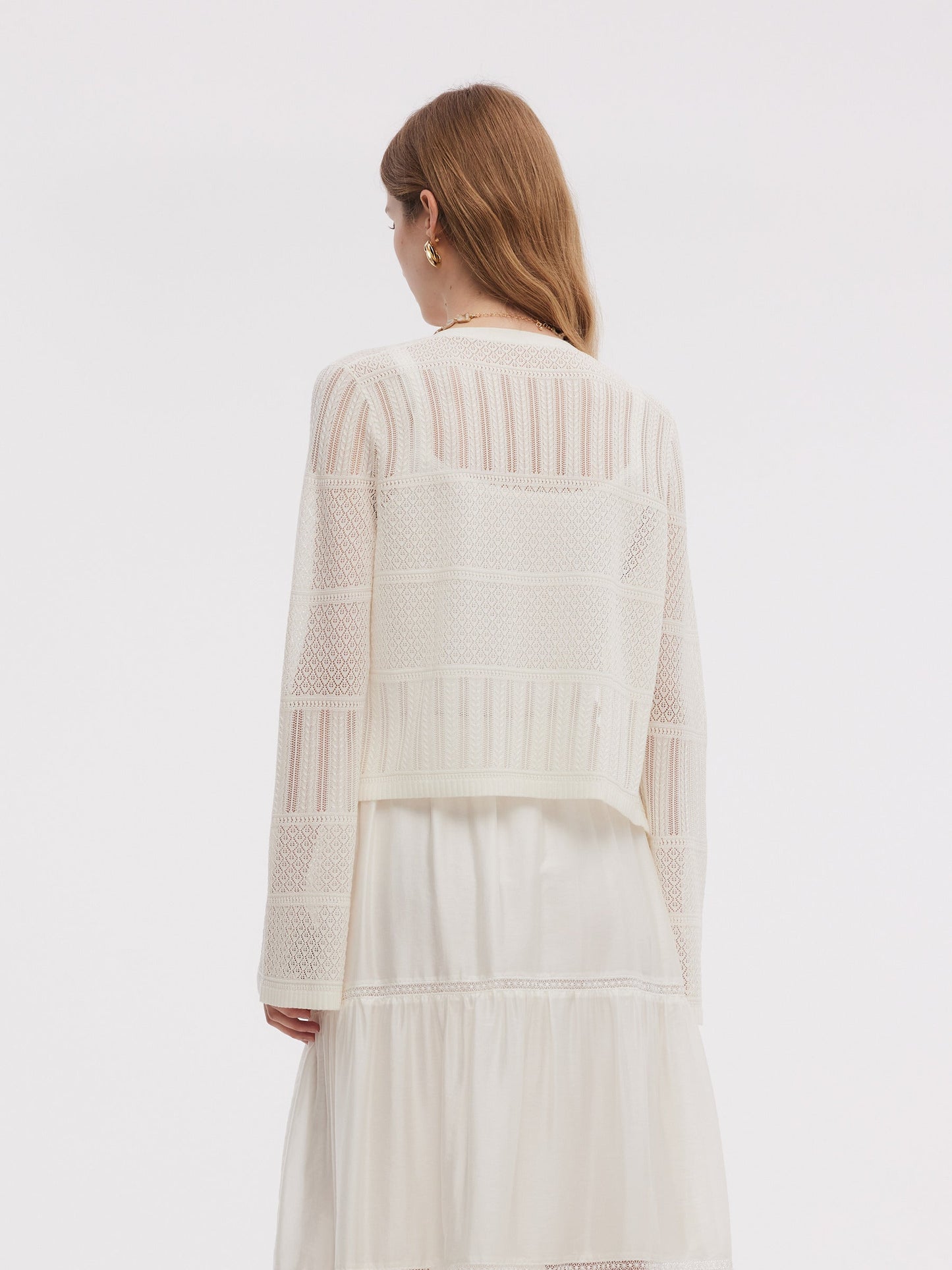 Tencel Blend Openwork Women Flared Sleeve Cardigan
