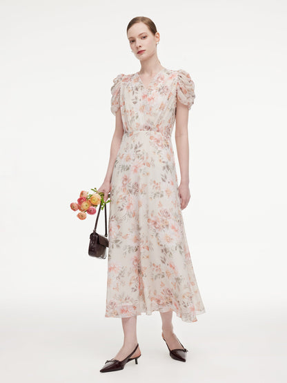 10MM Mulberry Silk Floral Print Women V-Neck Maxi Dress