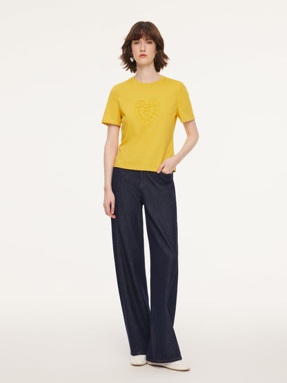 Cotton Blend Round Neck Tape Embroidered Women T-Shirt