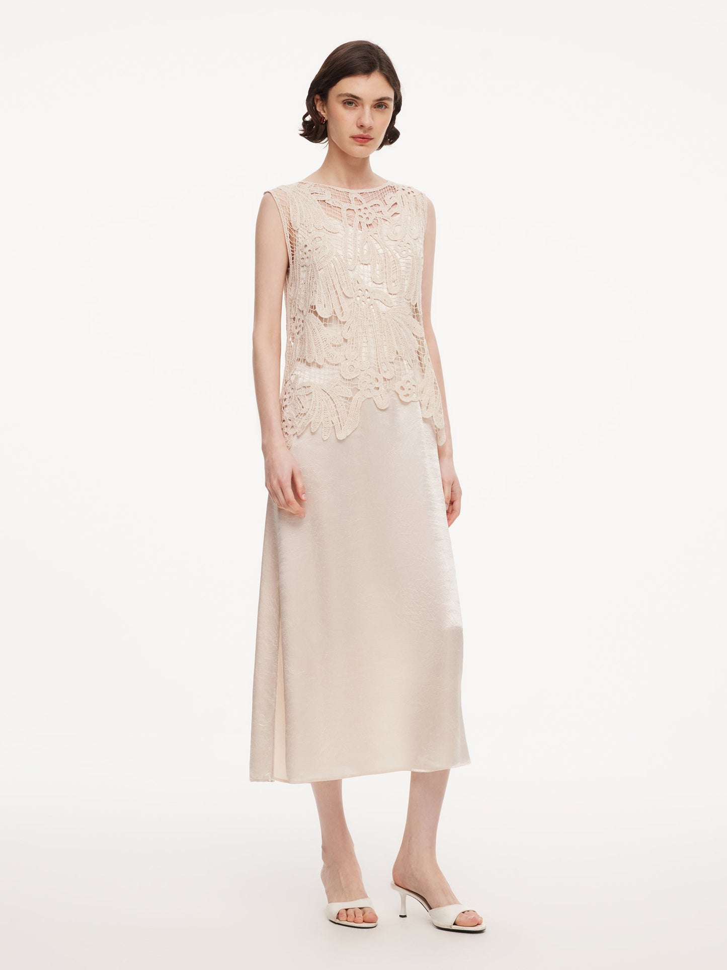 100% Acetate Openwork Crochet Tank Top And Slip Dress Two-Piece Set