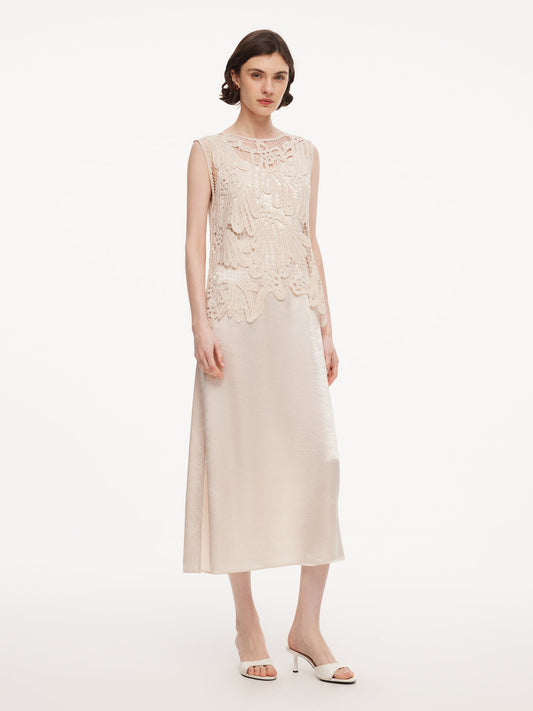 100% Acetate Openwork Crochet Tank Top And Slip Dress Two-Piece Set