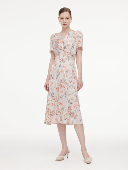 19MM Mulberry Silk Floral Print Twist Front Women Midi Dress