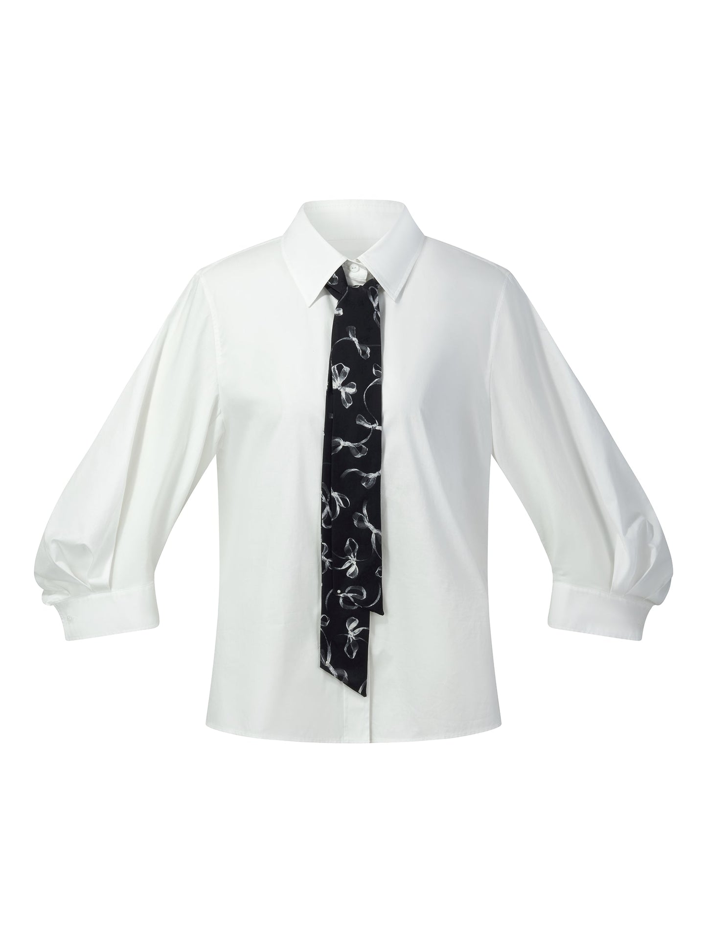 100% Cotton 3/4 Sleeve Women Shirt With Ribbon Print Silky Scarf