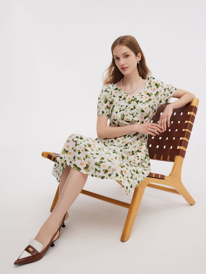 Acetate Blend Floral Print Women V-Neck Midi Dress With Belt