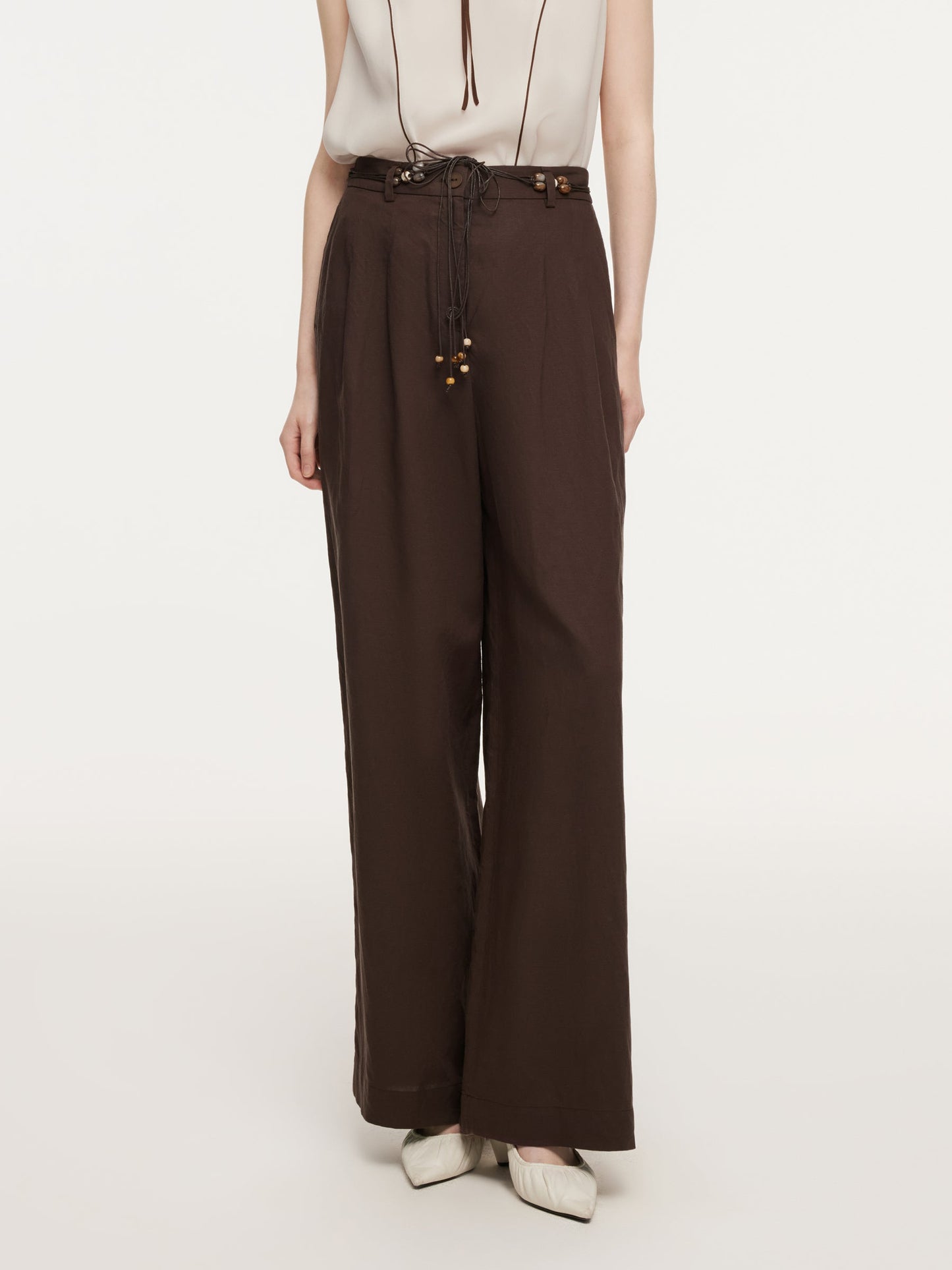 Linen Blend Women Wide Leg Pants With Tie String Belt