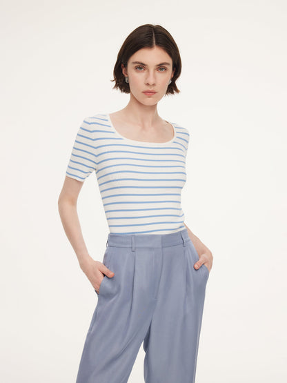 Lyocell Blend Stripe Square Neck Women Knit Top