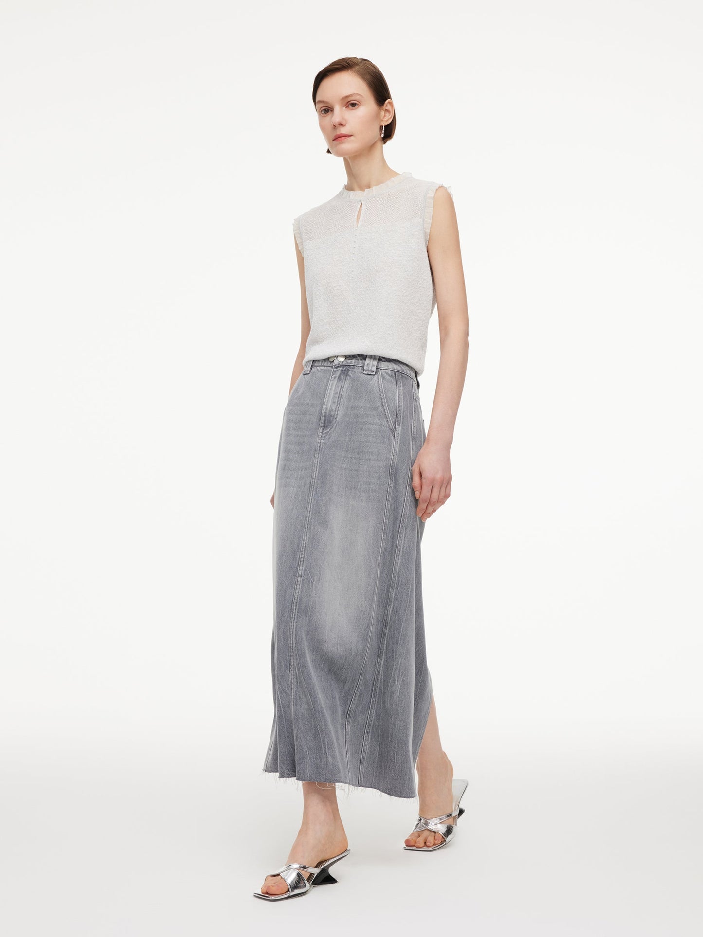 Jacquard Cut Out Neckline Women Ruffle Knit Tank Top