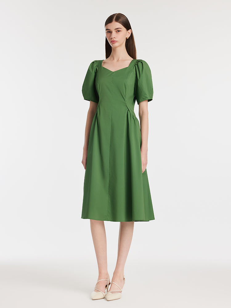 Square Neck Puff Sleeves Women Midi Dress