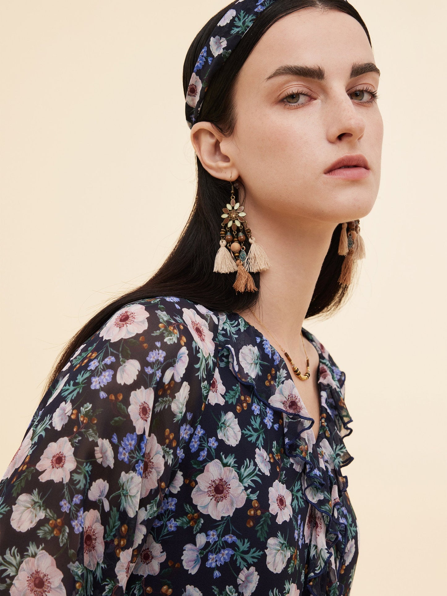 10MM Mulberry Silk Floral Print Women Ruffle V-Neck Blouse