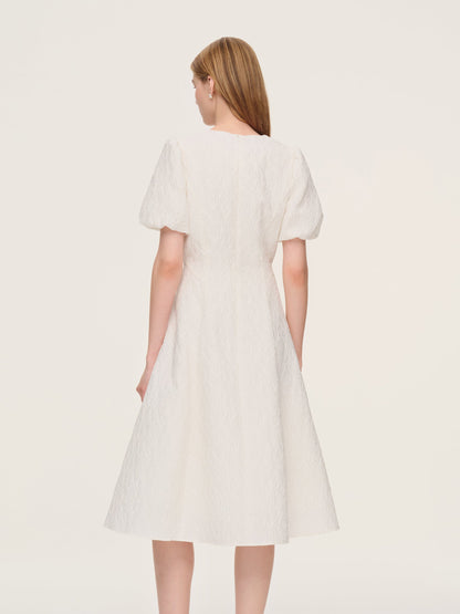 Jacquard Puff Sleeve Women Midi Dress