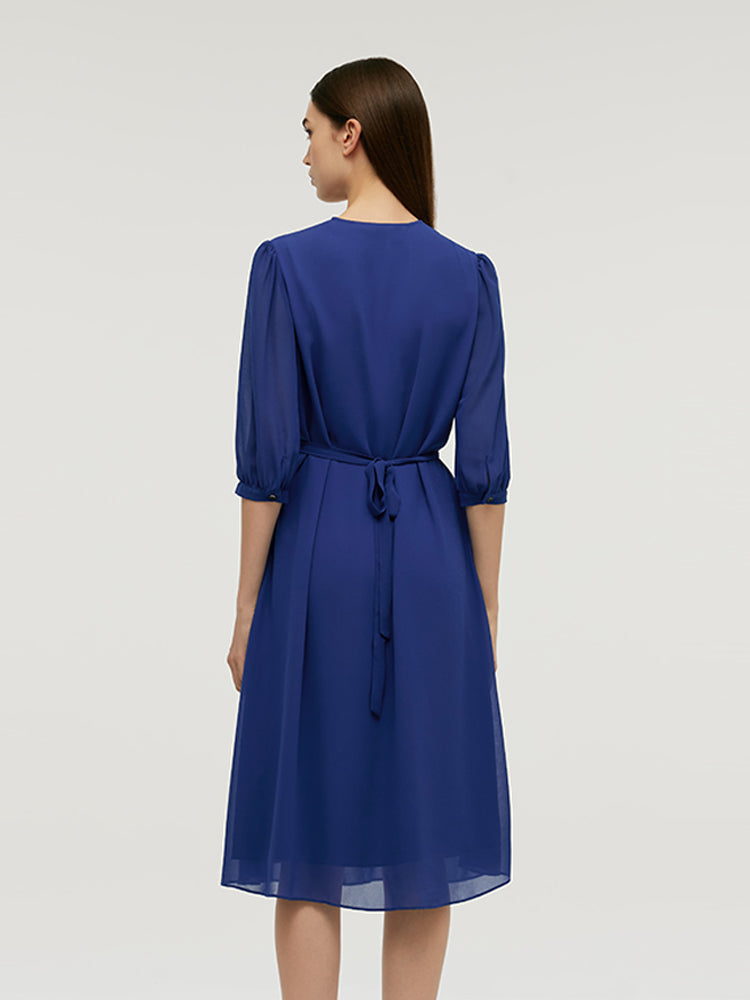 V-Neck Pleated Lace Up Wrap Midi Dress
