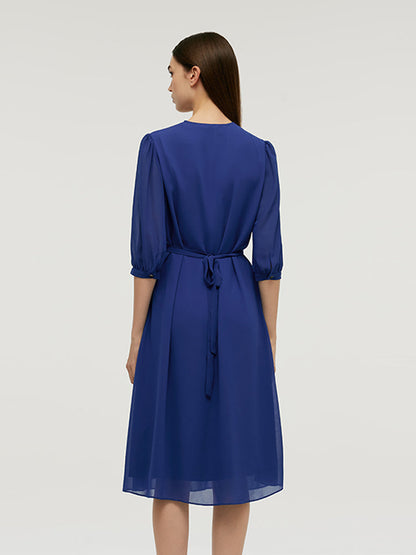 V-Neck Pleated Lace Up Wrap Midi Dress