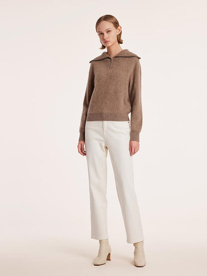 Pure Cashmere Zippered Lapel Women Sweater