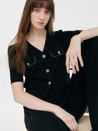 Pre-Order V-Neck Top And Straight Pants Two-Piece Set