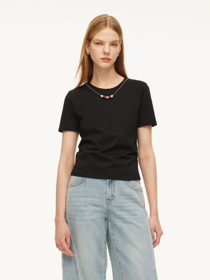 Cotton Side Twist Women T-Shirt With Detachable Beaded Chain