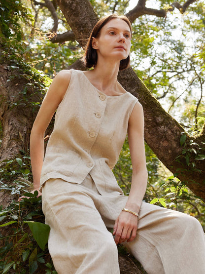 100% Linen Vest And Pants Two-Piece Set