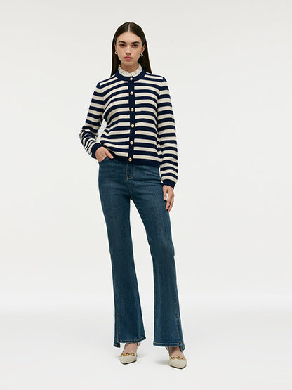 Blue And White Stripe Women Cardigan With Detachable Ruffle Collar