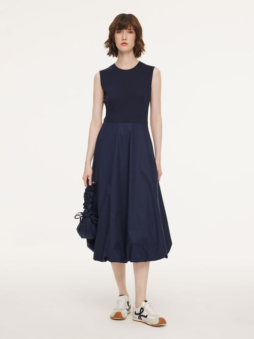 Dark Navy Bubble Hem Women Sleeveless Maxi Dress With Bag