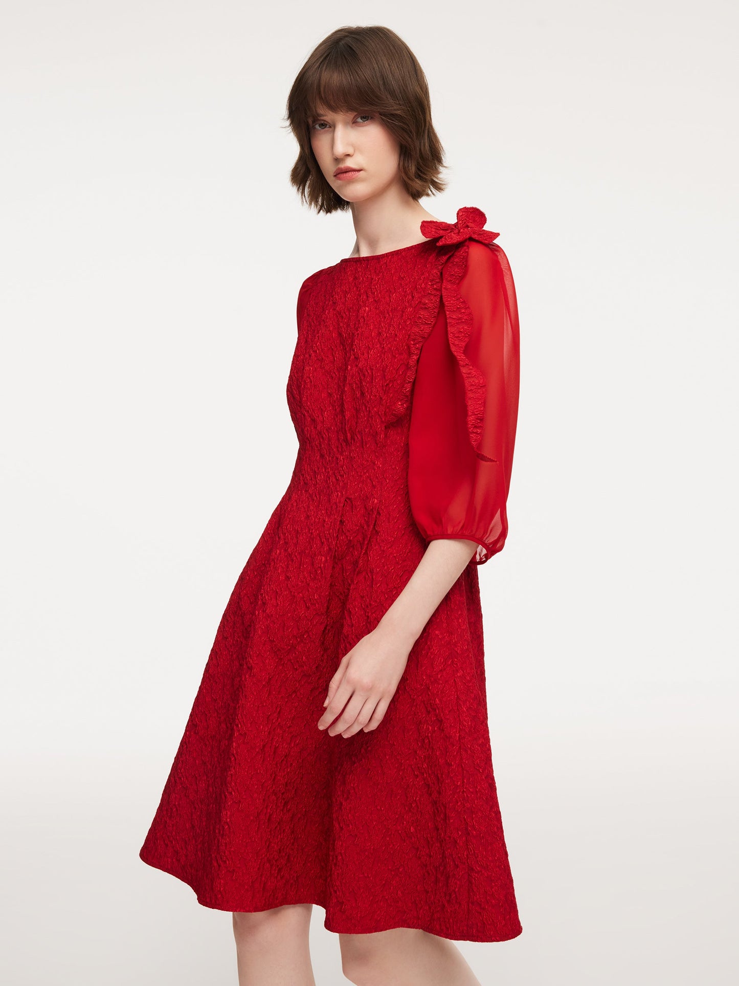 Chili Red Jacquard Boat Neck Women Midi Dress With Detachable Flower